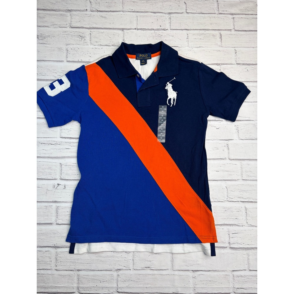 Polo Ralph Lauren Boys Navy Blue Orange Sash Big Pony Polo Shirt Size M 10-12